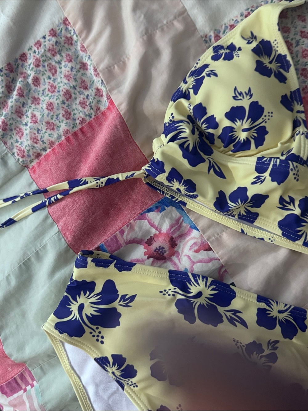 Yellow Floral Bikini Set with Blue Hibiscus Print